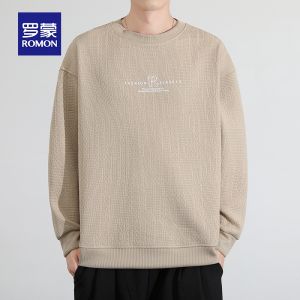 ROMON | Lomond Mens Fleece-lined Long-sleeve Round-neck Printed Sweatshirt Fashionable Base Shirt Trendy Top For Spring And Autumn