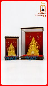 ตู้ครอบพระ ตู้ใส่พระ ตู้พระ กรอบบนล่างสีโอ๊ค ฉากหลังต้นโพธิเหลืองทอง