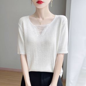 WANGGONGZHU | V-Neck Ice Silk Cool Feeling Short Sleeve Knitted Sweater Women Summer Thin New Design Pure Color Versatile Top Women