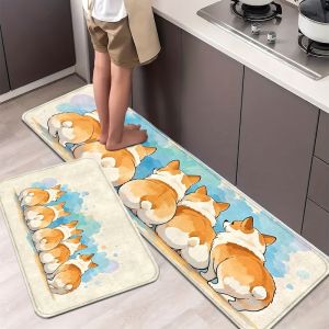 Cute Corgi Kitchen Mat Soft Non Slip Cartoon Puppy Printed Long Runner Entryway Doormat Home Decor Washable Animal Floor Mat