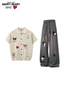 CHARLES JANGS HAPPY HEART | Heart-patterned American Casual Short-sleeve Polo Shirt and Wide-leg Pants Set