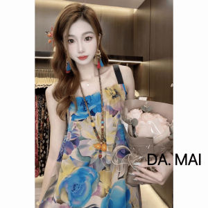 Slimming Long Summer Dress Luxury Lightweight Printed Womens Sleeveless Gown Polyester Satin A-Line Midi Dress Elegant
