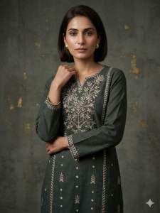 Gray clour embroidered kurta with floral patterns and long sleeves for ethnic and festive wear.