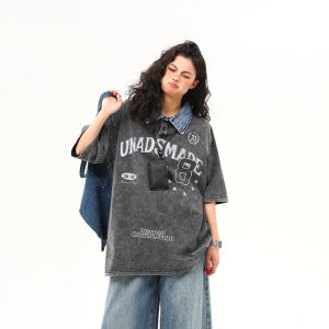 WILDAZI | Design Flip Collar Washed Heavy Denim T-Shirt