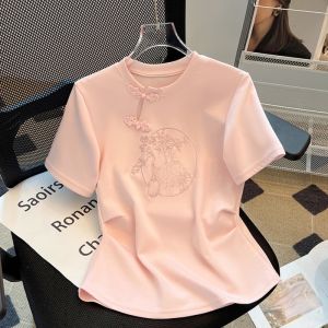 Summer 2025 New Chinese Style Button Embroidered Short Sleeve Womens T-Shirt Waist Cinched Folded Design Korean Version Cotton Polyester Blend