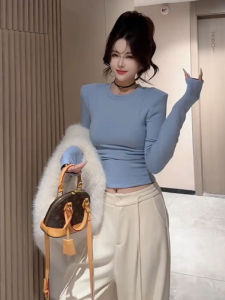 YUEZHONGWEI | Blue Round Neck Long Sleeve T-Shirt For Women Autumn/Winter