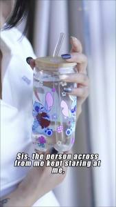 Disney | 1pc 16oz Disney Stitch Easter Borosilicate Glass Tumbler with Lid & Straw Cute Summer Cup for Iced Coffee Juice Perfect Gift