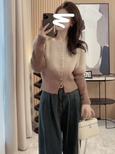BINKAFENNY | Gradient Color Knitted Short Sweater Womens Early Autumn Fashion Outerwear Cardigan Korean Style Low Round Neck Button Sleeve