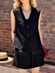 QINGNAER | Áo Vest Cổ V Đen Sang Trọng