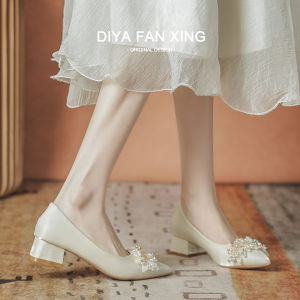 Wedding Shoes for Brides And Maids Comfortable Chunky Heel Fashionable Korean Style Sharp Pointed Toe Daily Wear Butterfly Knot