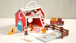 Educational Interactive Take-along Threading Shape Sorters Portable Wooden Animal Farm Barn Pretend Play