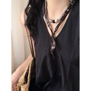 สร้อยคอโซ่กระดูกไหปลาร้าแบบซิปได้สำหรับผู้หญิง โซ่กระดูกไหปลาร้าไหมสไตล์เกาหลี ตกแต่งด้วยลูกปัดลายดอกน้ำเงิน