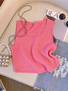 Áo Len Dệt Kim Ngắn Không Tay Mùa Hè Cho Nữ Dáng Rộng Thời Trang Giản Dị Màu Trơn Phong Cách Mùa Hè 2023 Áo Khoác Ngoài