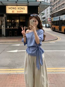 XUECAIQI | Plaid Off-shoulder Waist Tied Short Sleeve Shirt and Loose Culotte Suit