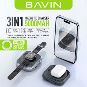 BAVIN PC1096 5000mAh 3-in-1 Magnetic Wireless for Powerbank Smart Watch TWS Earbuds w/ 20W Fast Type-C Input / Output
