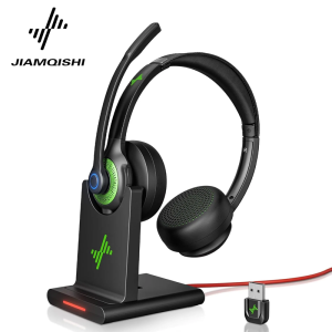 JIAMQISHI EH02P Wireless Headset with Charging Base AI Noise Cancelling Microphone Headphones Bluetooth V5.2 with USB Dongle