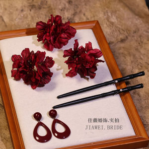 Chinese Style Wedding Hair Accessories Red Rose Flower Hairpin Cheongsam Morning Robe Marriage Ceremony Engagement Hair Decor