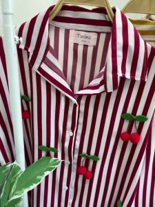 TW22341 Set 2 ชิ้น เสื้อเชิ้ตคอปกแขนยาว ติดเชอร์รี่ + กางเกงขายาว