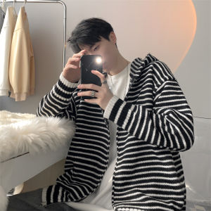 เสื้อสเวตเตอร์คาร์ดิแกนถักชายคอตั้งลายทางสีบล็อกสไตล์ย้อนยุคฤดูใบไม้ผลิและฤดูใบไม้ร่วงสวมใส่สบายสำหรับคู่รัก