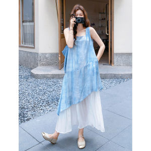 La Chapelle French Artistic Long Dress Women Summer Blue Dyed Mesh Splice Fake Two-Piece Dress A-Line Skirt Sleeveless Dress