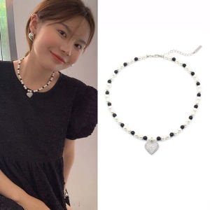 Fashionable Pearl Diamond Embedded Heart Necklace Womens Trendy Sweatshirt Chain Sweet Style round Beads Single Layer Pendant Fresh out