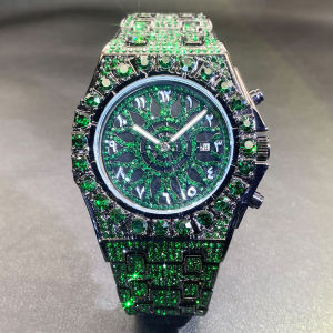 MissFox | MISSFOX Hip Hop Wristwatch For Men Luxury lce Out Full Diamond Watches Fashion Green Watch Wterproof Week Display Clock 2025