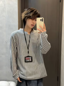 เสื้อยืดคอกว้างแขนยาวลายกระดูกปลาสไตล์อเมริกันย้อนยุคสำหรับผู้ชาย ฤดูใบไม้ร่วง 2025 แฟชั่นลำลอง ผ้าโพลีเอสเตอร์ ปกติ