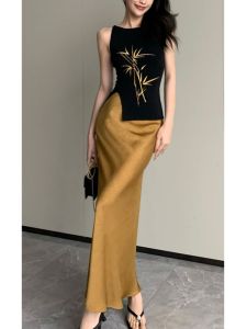 High Waist Gold Skin Sensation Acid Silk Skirt for Women Long Dress Design Sensation Spring Summer 2023 Mid Waist Hip Wrap Dress