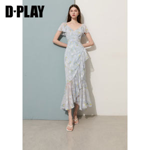 D-PLAY | Resort French Style Blue V-Neck Waist Fitted Mermaid Dress