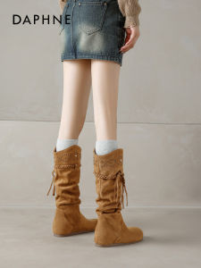 Daphne Western Cowboy Boots Womens Mid-Calf Long Tube Boots Fashionable Waterproof Platform Casual Booties for Spring Autumn