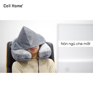 Gối cổ ngủ trưa văn phòng công thái học gối tựa đầu bơm hơi chữ H kèm nón che mắt
