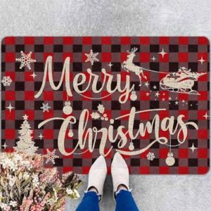 Thảm Chùi Chân Giáng Sinh VIKAMA Với Đèn Dây Hình Mũ Ông Già Noel Và Cây Kẹo Que - Thảm Chào Mừng Chống Trượt Dùng Trang Trí Lối Vào Dịp Lễ Hội