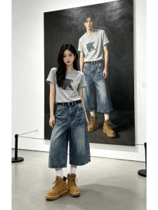 ZHUOCAN | High Waist Skinny Wide Leg Vintage Blue Lightning Print Denim Shorts