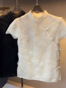 YUFUQING | New Chinese Style Womens Slimming Age-Defying Cheongsam Top Short Sleeve T-Shirt National Style Summer Commute Fashion Polyester Fiber