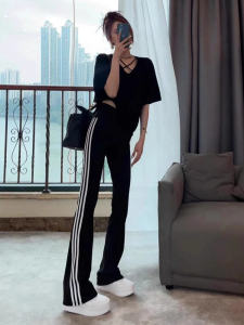 High Waist Flared Pants Womens Three Stripe Spring Summer 2025 New Style Sporty Casual Yoga Sharkskin Long Trousers