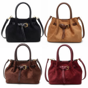 Women Faux Suede Vintage Crossbody Bag with Adjustable Strap Hobo Handbag Solid Color Top Handle Purse for Travel Work Without Pendant