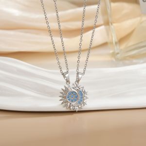 Bộ Trang Sức Mặt Dây Chuyền Mặt Trời Mặt Trăng Đôi Kèm Nhẫn Mở Chi Tiết Kim Cương Cổ Điển Chất Liệu Thép Không Gỉ Thời Trang Dành Cho Nữ