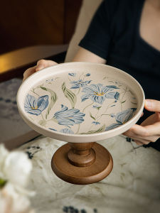 Retro Ceramic High-legged Fruit Tray for Home Use Snack Tea Tray Bitter Orange Tray Dry Fruit Tray Entrance Living Room