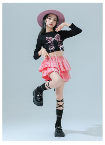 LOlanta Girls Group Dance Performance Costume Long Sleeve Top with Ribbons and Pearls Layered Mini Skirt Jazz Hip-hop Dance Outfit