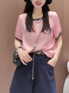 เสื้อยืดคอกลมแขนสั้นผู้หญิง ทรงหลวม ปักลาย สีชมพู ฤดูร้อน 2025 เสื้อตัวบนไซส์ใหญ่ ทรงหลวม สไตล์เกาหลี เสื้อผ้าทำงาน