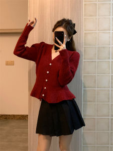 เสื้อสเวตเตอร์ถักคอวีลายผีเสื้อสีแดงสำหรับผู้หญิง เสื้อคาร์ดิแกนถักแขนพอง แฟชั่นฤดูหนาว แขนยาว ปกติ กระดุม แขนสั้น เสื้อผ้าทำงาน