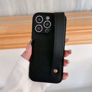 Luxury Wrist Strap Bracket Leather Phone Case For iPhone 16 15 14 Plus 12 13 Mini 11 Pro Max XS XR SE Lens Protection Soft Cover