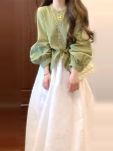 Korean Style Elegant French Long Dress Set Womens Autumn Winter Fashion High Waist Cotton Shirt Dress Two Piece Suit