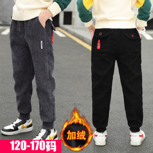 Thickened Fleece Lined Corduroy Pants for Boys Warm Autumn Winter Style Childrens Clothing mid Waist Elastic Band Long Trousers