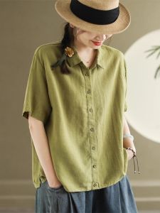 Pure Color Cotton and Linen Short-Sleeved Shirt for Women Summer Casual Plus Size Loose Slim Looking Linen Shirt Work Clothing Mom Top Thin