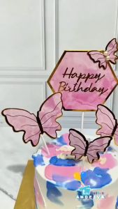 Topper Cake HBD Kupu Kupu Heksagonal / Hiasan Kue Topper HBD kupu kupu / Topper Kue Butterfly warna