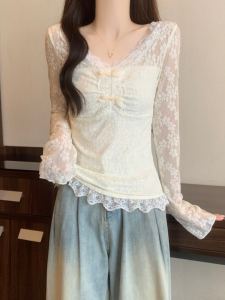 plus Size Pure Desire Lace Trim V Neck Long Sleeve T Shirt Womens Autumn Winter Fashion Sweet And Spicy Girl Slim Fit Inner Wear Unique Beautiful Top