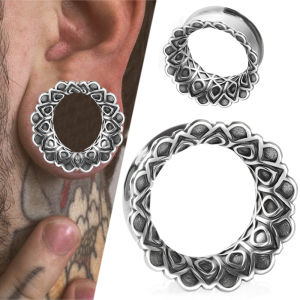 2-1PCS Surgical Steel Round Carved Lotus Hollow Flared Ear Plugs Saddle Ear Strengther Expansion Earring Piercing Ear Tunnel