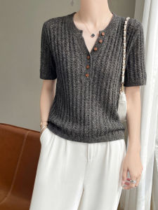 SHEHAN | Retro Elegance V-Neck Button Hollow Lace-up T-shirt