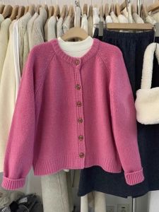 European Goods Beautiful Fancy Super Nice Raspberry Pink Sweater Outwear Female Autumn and Winter Korean Style Sweet Knitting Cardigan